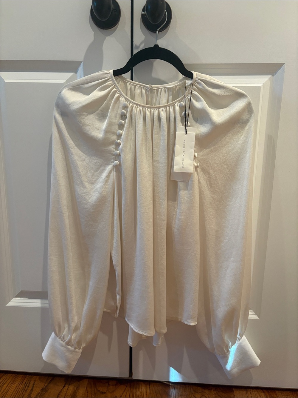 Veronica Beard Ivory Gathered-Neck Blouse with Covered Buttons